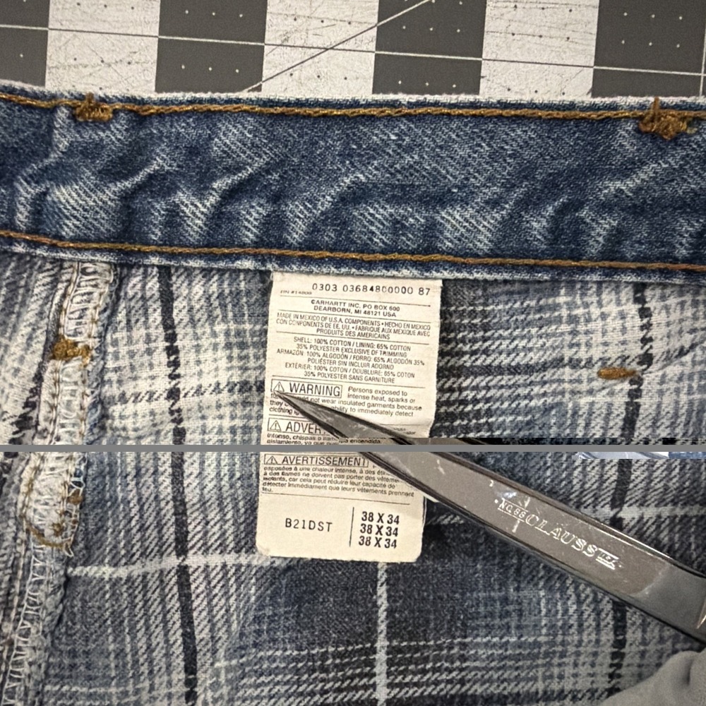 VTG Carhartt Flannel Lined Jeans Mens 38x34 Blue Stonewash B21 100% Cotton Y2K